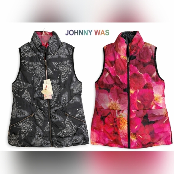 NWT Johnny Was Reversible Puffer Vest Butterfly Floral Black Size Extra Small